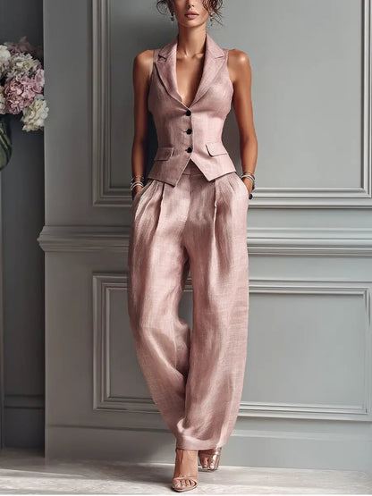 Lapel vest and pleated wide-leg trouser set, front view