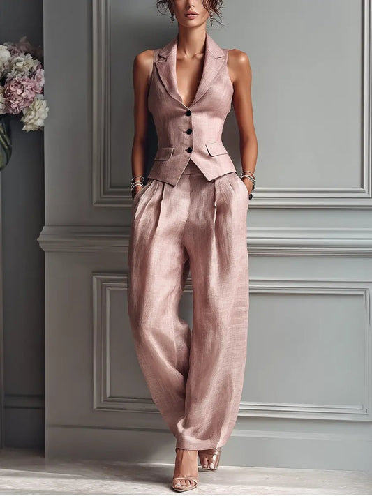 Lapel vest and pleated wide-leg trouser set, front view