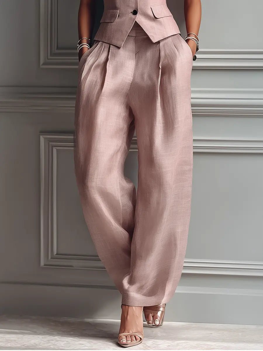 Pleated wide-leg trousers with lapel vest, side view