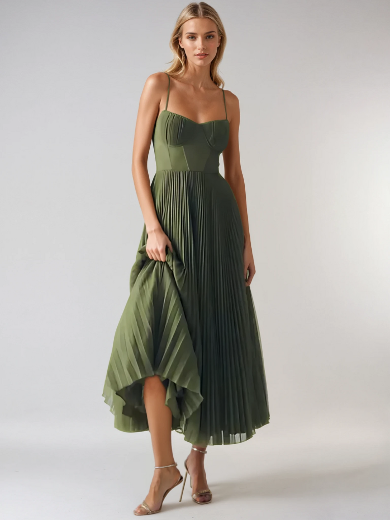 Sleeveless pleated maxi dress, side view