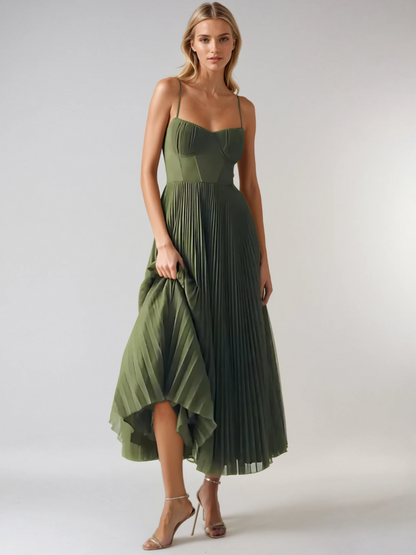 Sleeveless pleated maxi dress, side view
