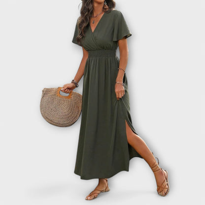 V-neck long-sleeve midi dress in dark green, front view