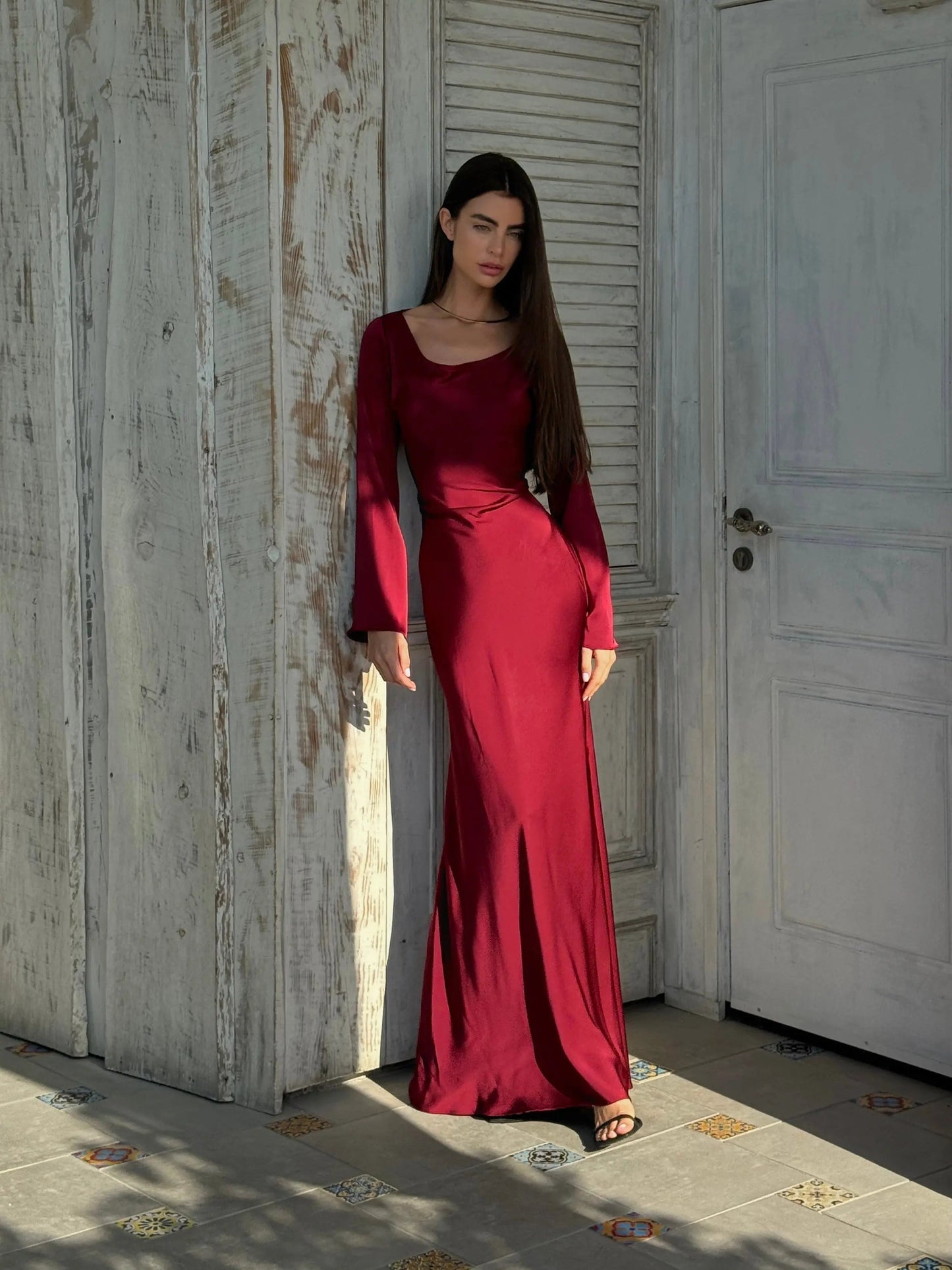 Serena | Satin Long Sleeve Maxi Evening Gown