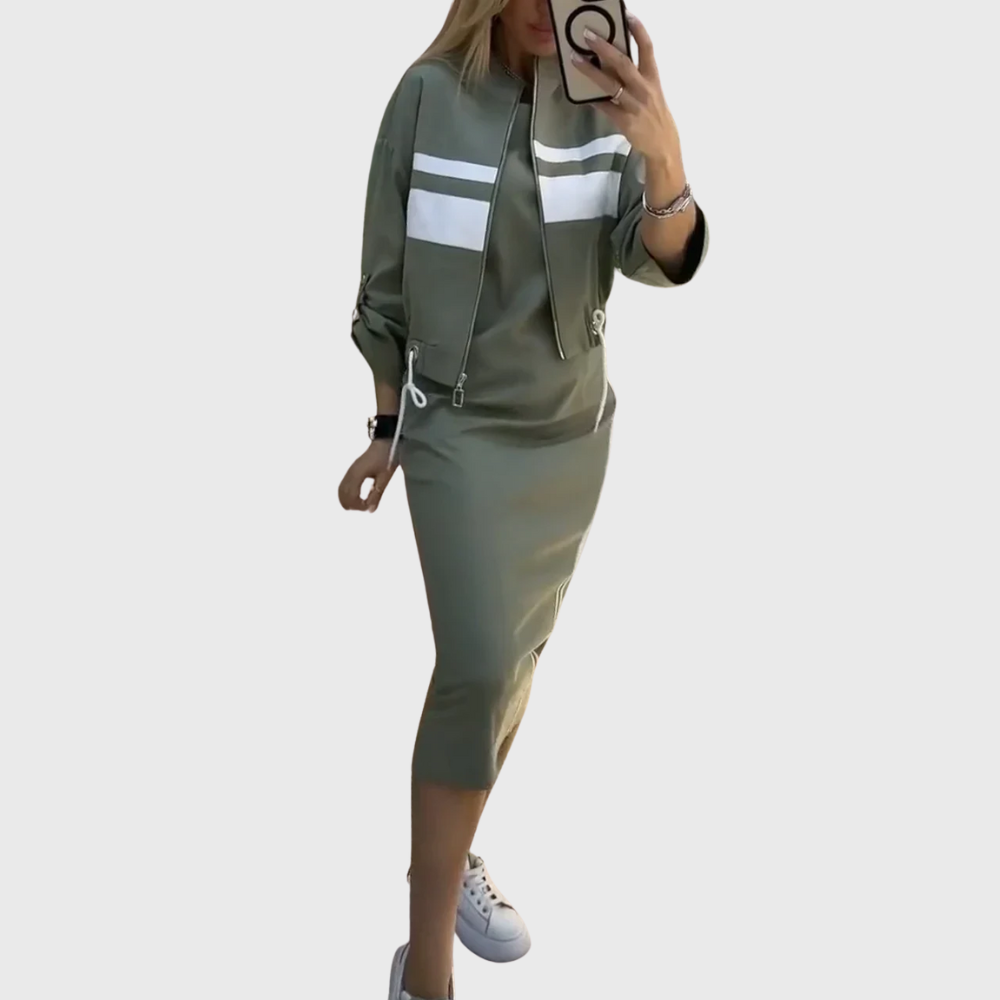 Zip-up top and midi skirt set in green, front view