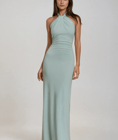 Velmora | Halter Satin Formal Maxi Dress