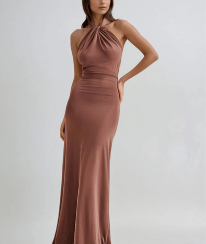 Velmora | Halter Satin Formal Maxi Dress