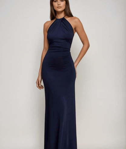Velmora | Halter Satin Formal Maxi Dress