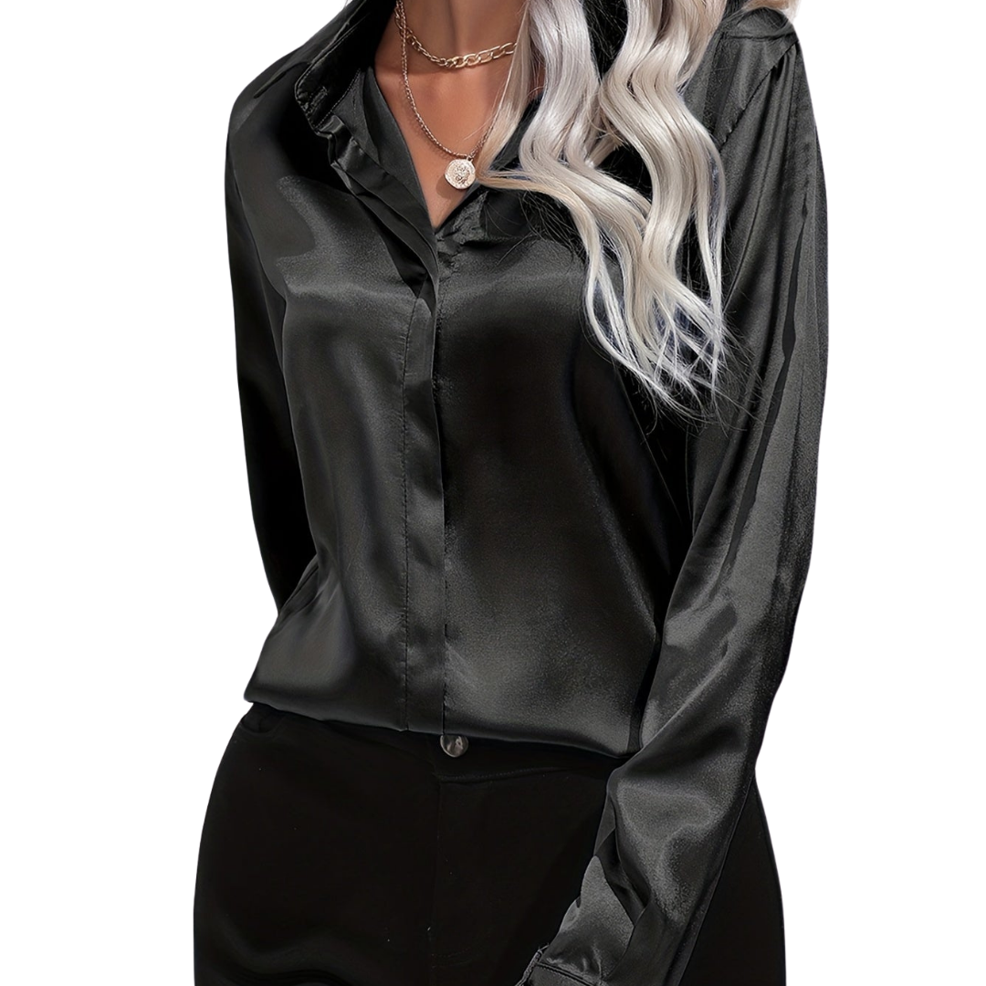 Long sleeve button-front blouse in blue, front view