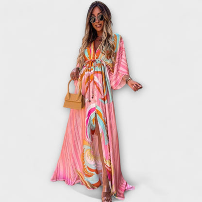 V-neck midi dress in light pink, front view