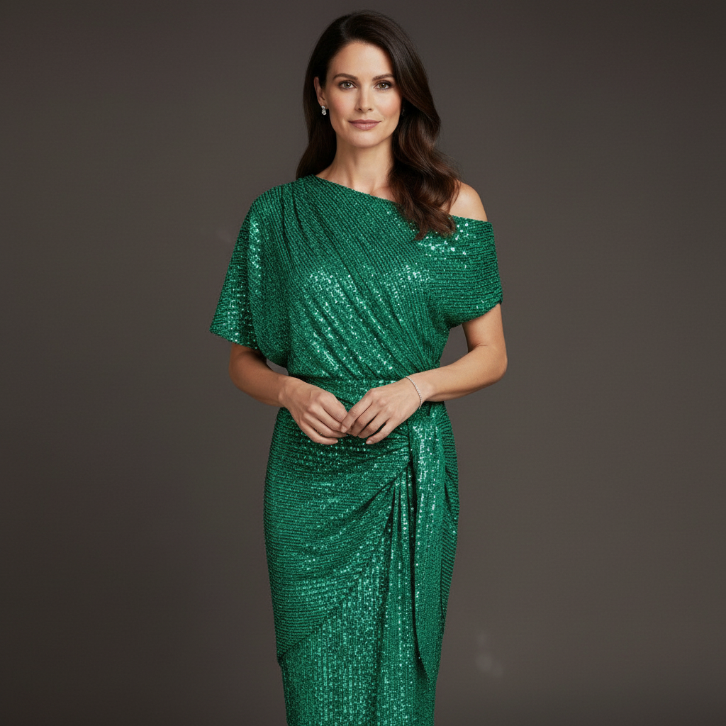 One-shoulder sequin dress, side view