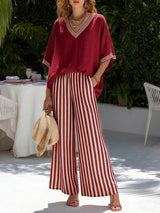Striped cotton-linen two-piece set, front view