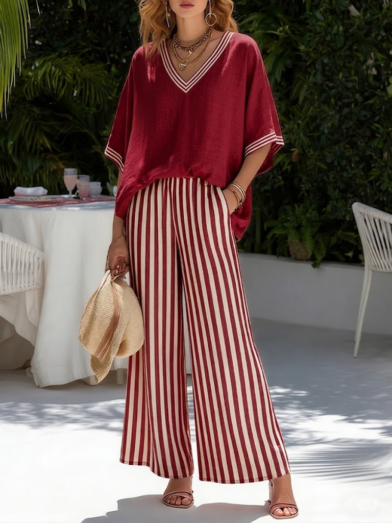 Striped cotton-linen two-piece set, front view