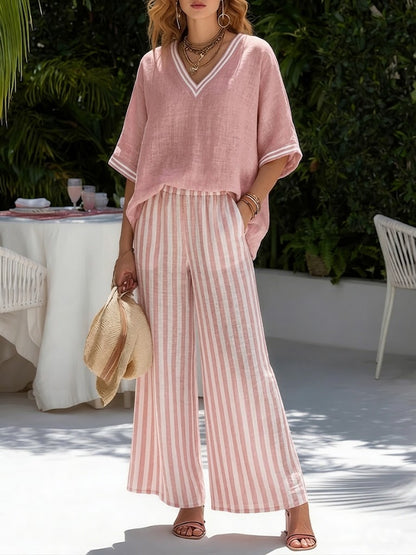 Striped top and trousers set showing vertical stripe
