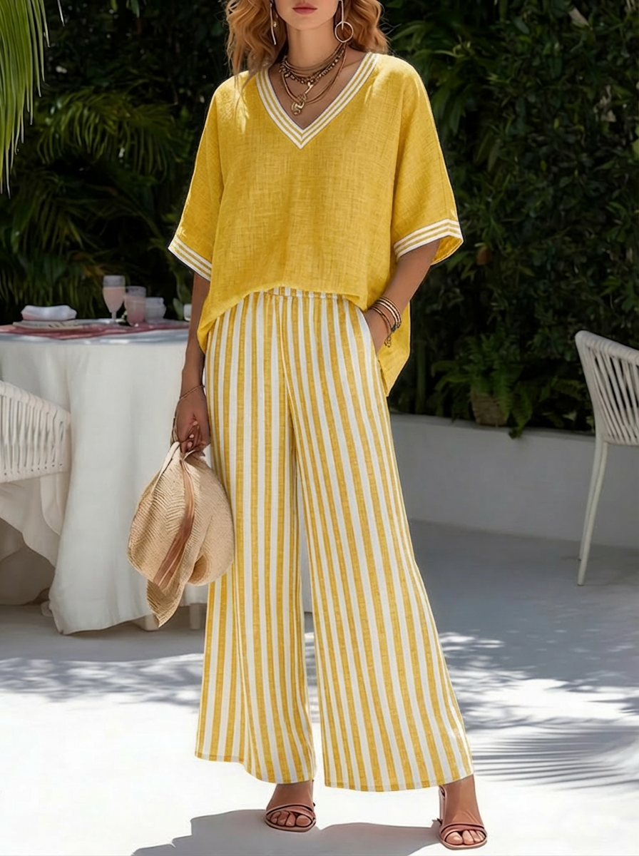 Striped two-piece set showing relaxed cut