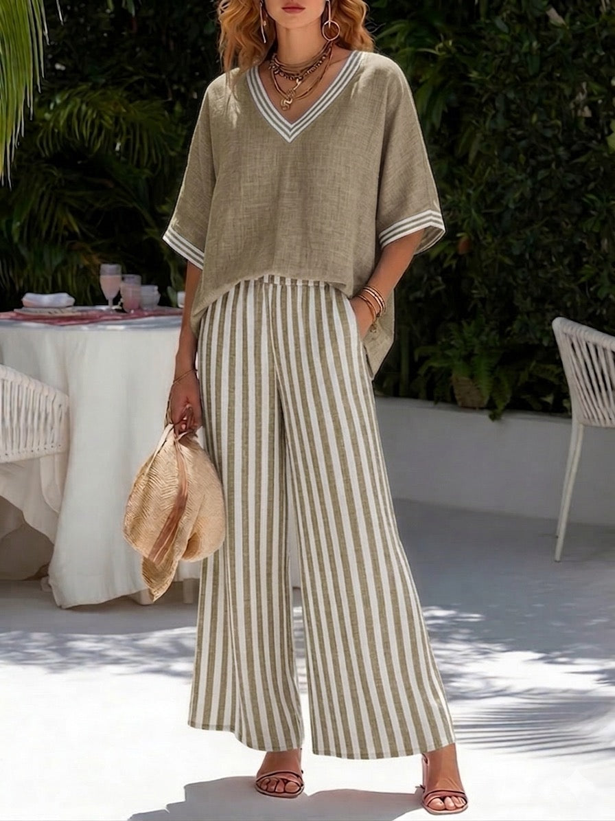 Striped cotton-linen two-piece set, detail view