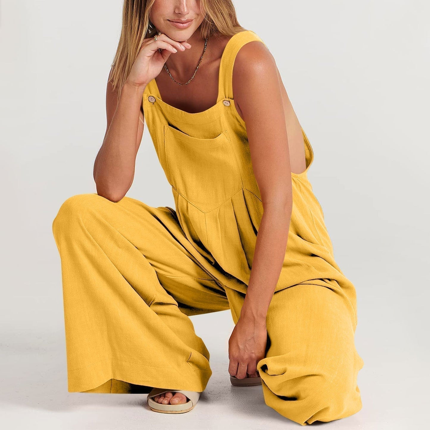 Relaxed jumpsuit showing loose cut