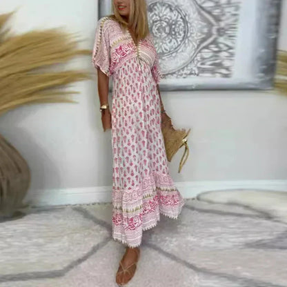 Printed boho maxi dress front view