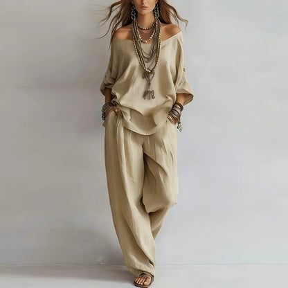 Théa | Off-Shoulder Three-Quarter Sleeve Top & Wide Leg Pants Set