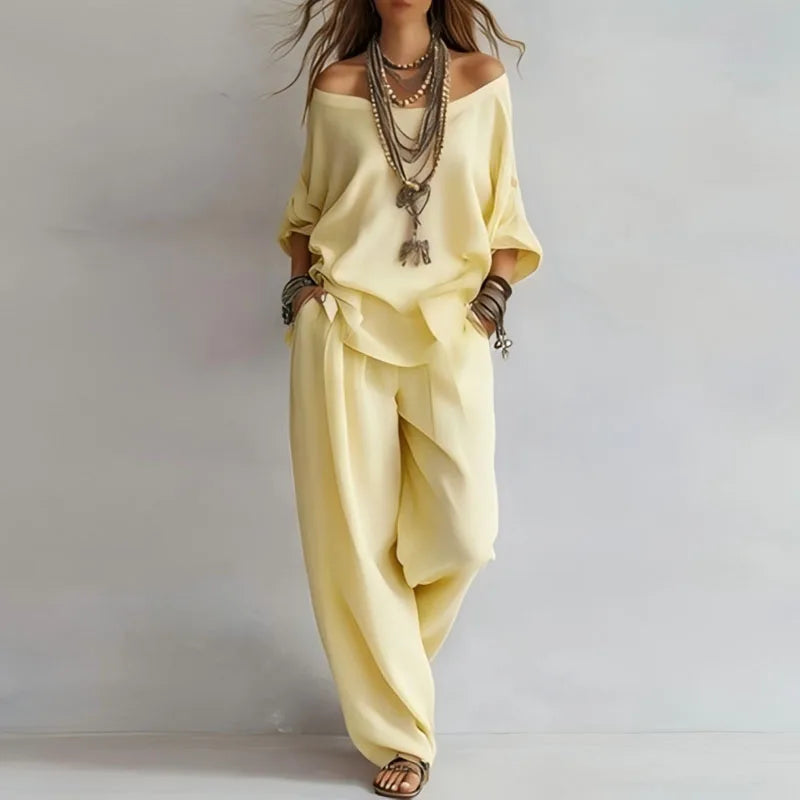 Théa | Off-Shoulder Three-Quarter Sleeve Top & Wide Leg Pants Set