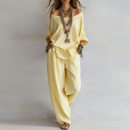 Théa | Off-Shoulder Three-Quarter Sleeve Top & Wide Leg Pants Set