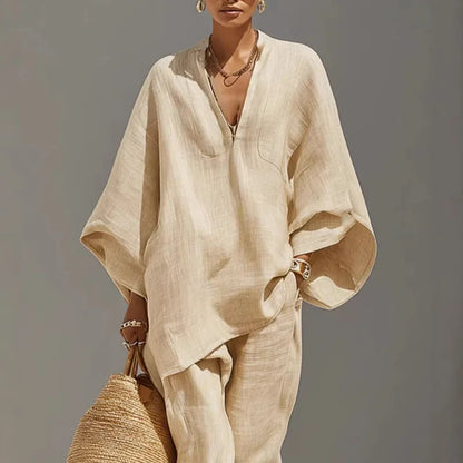 Léonie | Deep V-Neck Batwing Sleeve Top & Tapered Pants Set