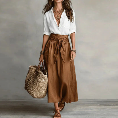 Octavie | Button-Down Blouse & Tie-Waist Midi Skirt Set