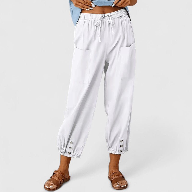 High-waist wide-leg trousers, side view