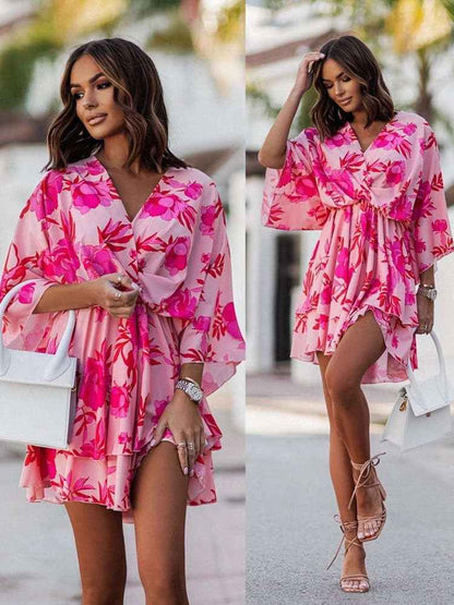 Florine | Floral V-Neck Wrap Mini Dress with Ruffles