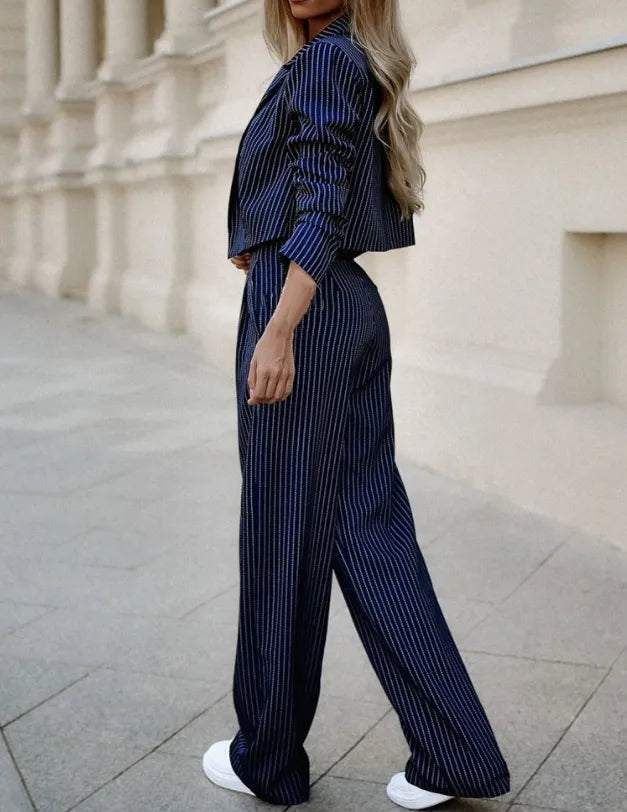 Striped blazer and trouser suit set, side view