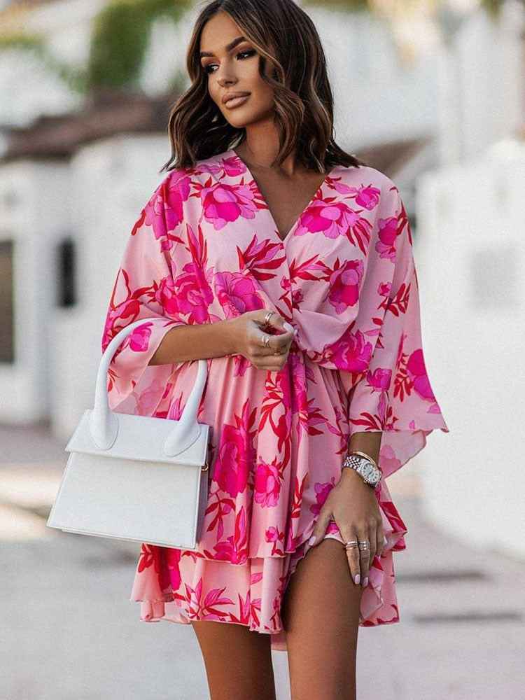 Florine | Floral V-Neck Wrap Mini Dress with Ruffles