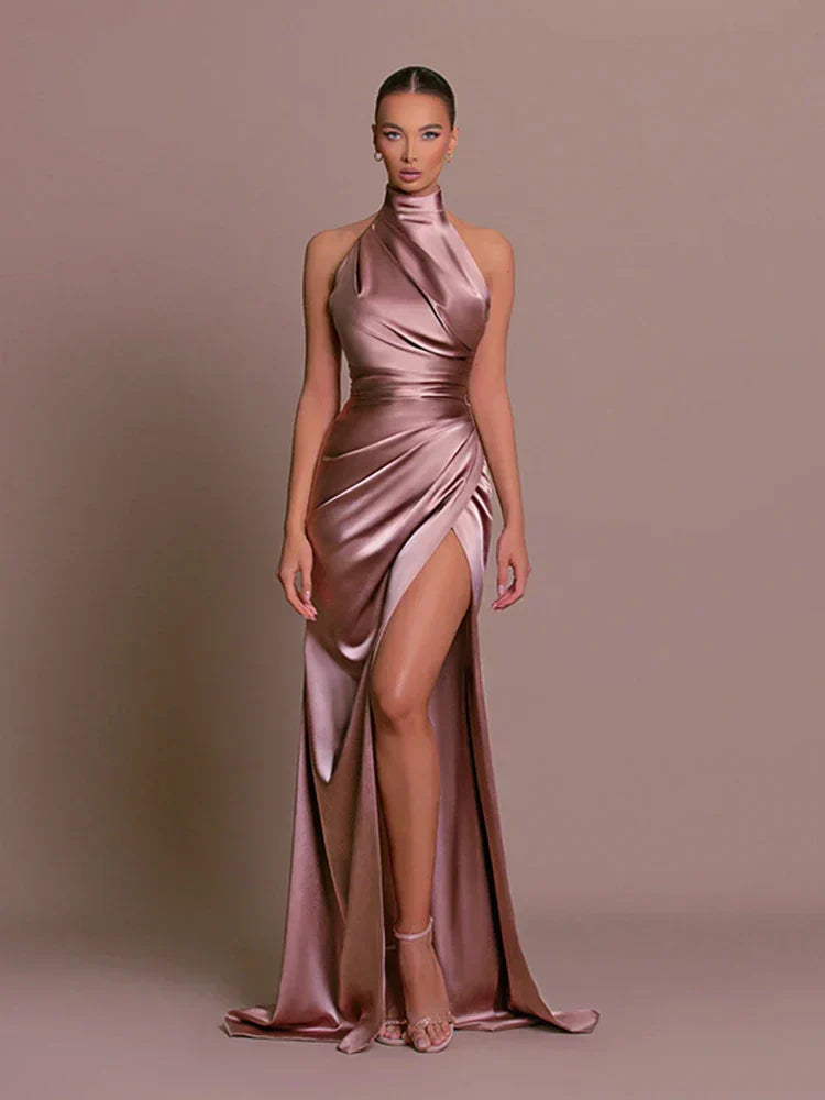 Slit evening gown in pink, front view