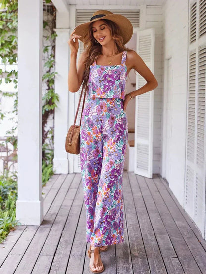 Floral wide-leg jumpsuit in apricot, front view