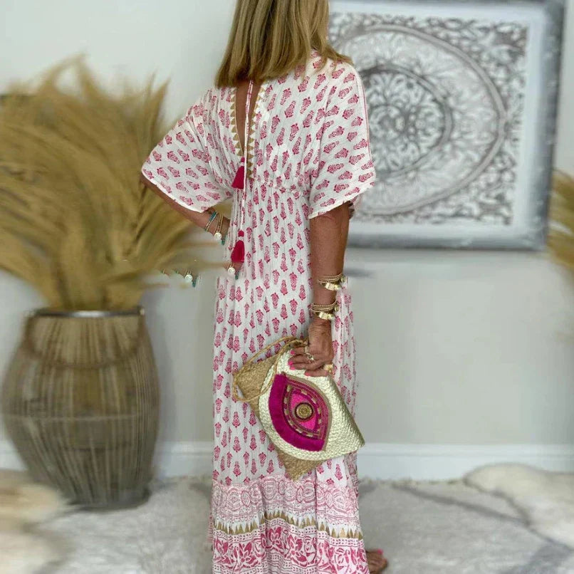 Boho print maxi dress with border detailing