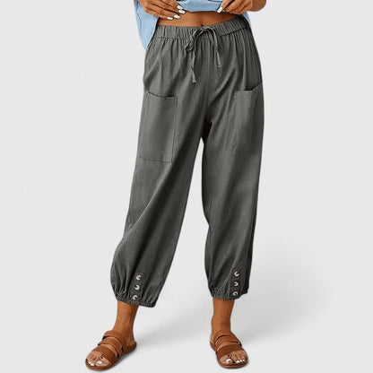 Wide-leg linen trousers in beige, front view