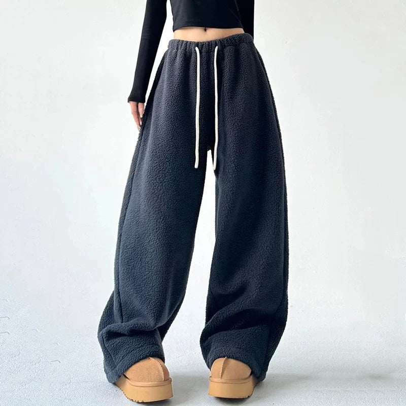 Fennora cozy wide-leg fleece pants drawstring waist