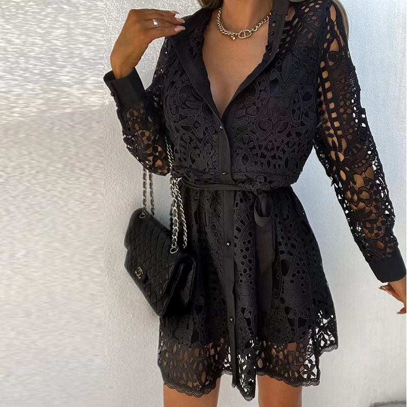 Lace mini dress with belted waist