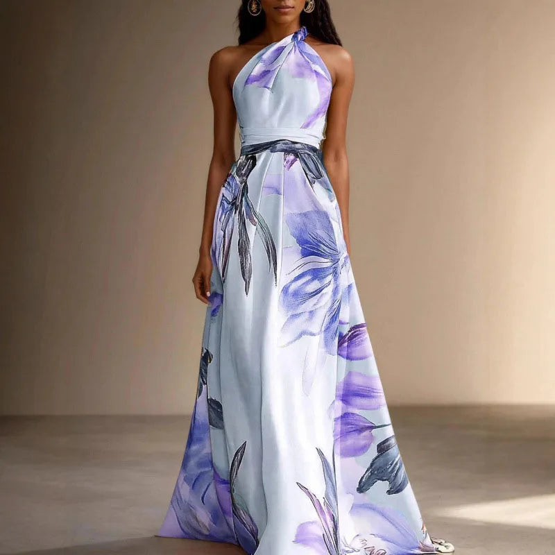 Floral halter maxi dress, back view