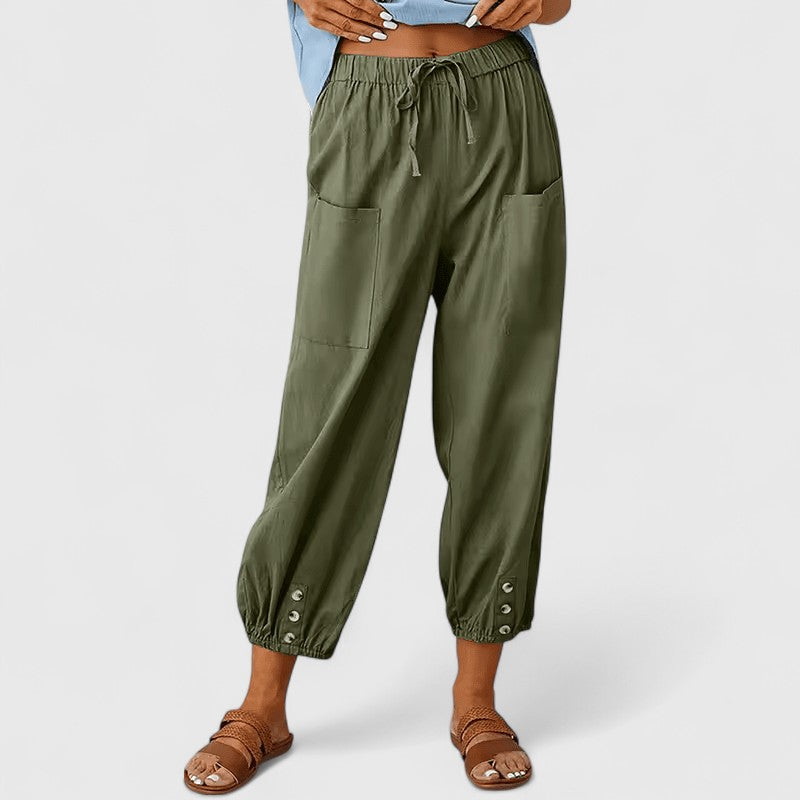 Cotton-linen wide-leg trousers showing relaxed drape