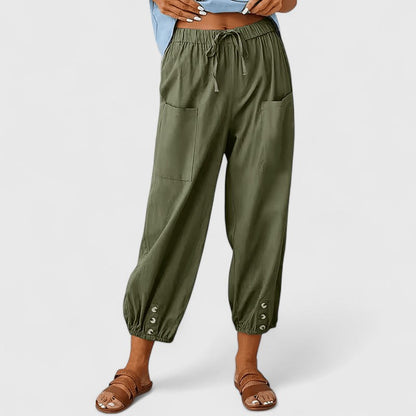 Cotton-linen wide-leg trousers showing relaxed drape