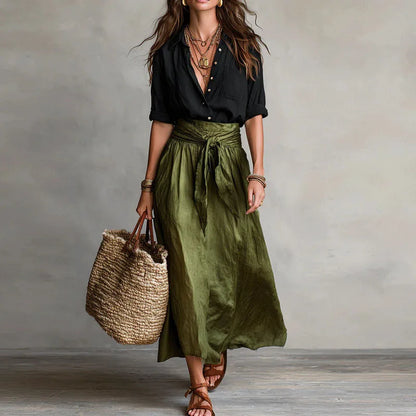 Octavie | Button-Down Blouse & Tie-Waist Midi Skirt Set