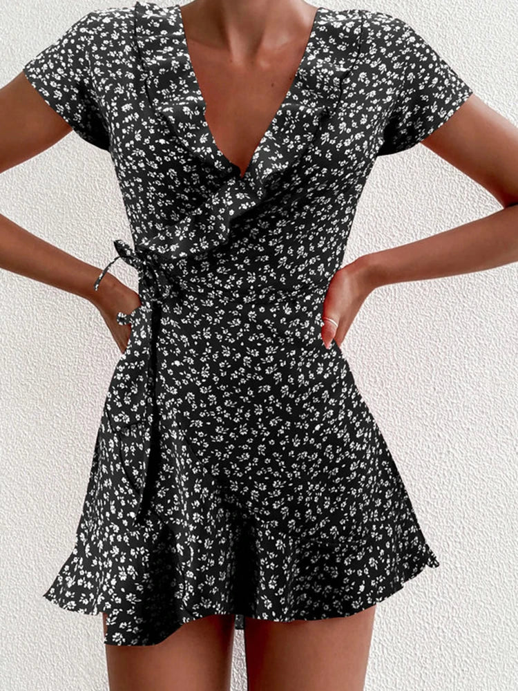 Lorelai floral mini dress wrap waist tie detail