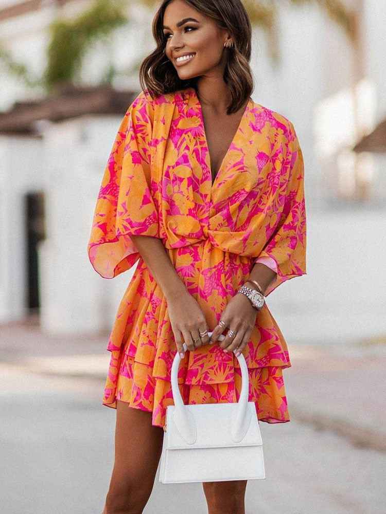 Florine | Floral V-Neck Wrap Mini Dress with Ruffles