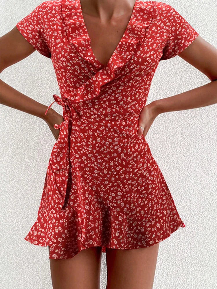 Lorelai floral wrap V-neck ruffle mini dress front view