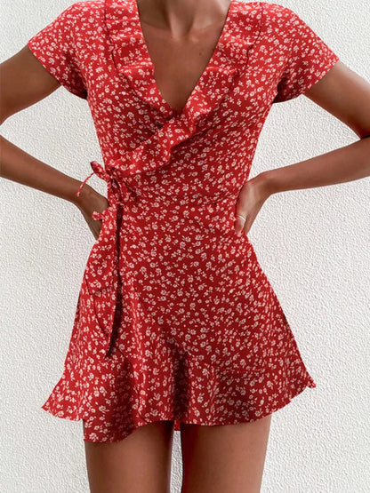 Lorelai floral wrap V-neck ruffle mini dress front view