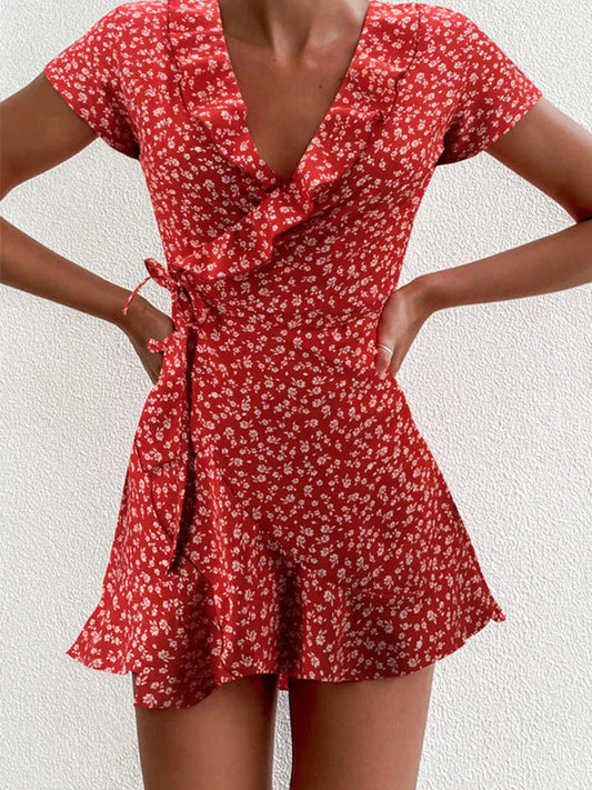 Lorelai floral wrap V-neck ruffle mini dress front view