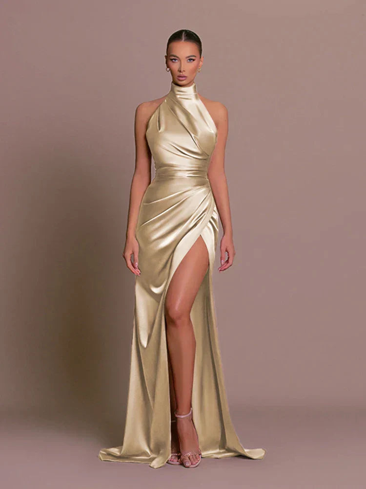 Slit maxi gown in gold