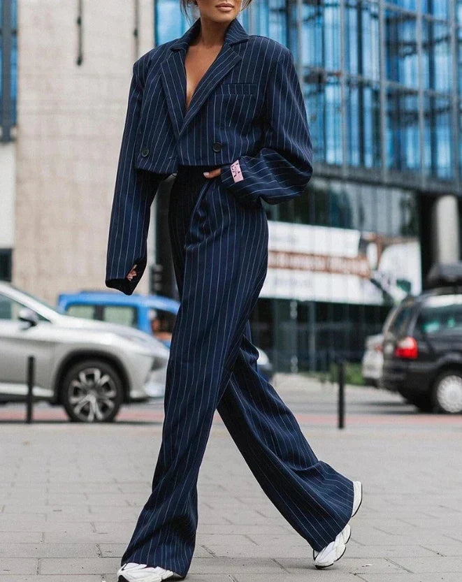 Striped suit set showing cropped blazer