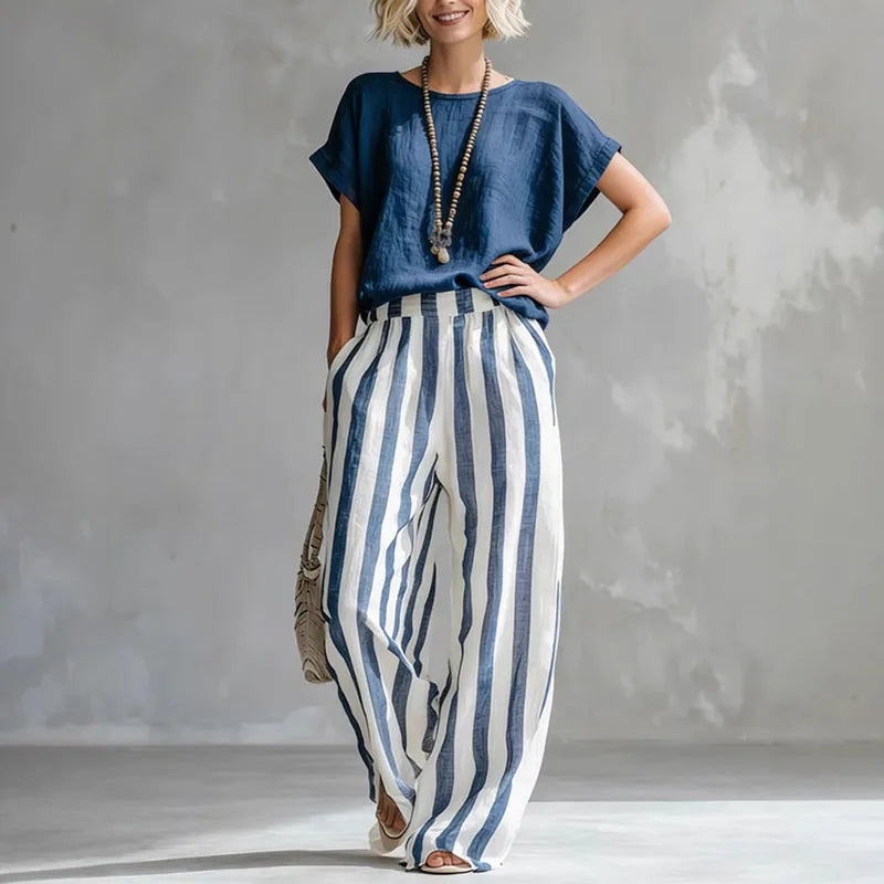 Rosalie | Short Sleeve Crew Neck Top & Striped Wide Leg Trousers Set