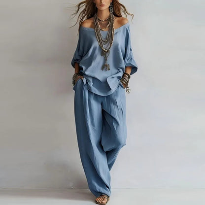 Théa | Off-Shoulder Three-Quarter Sleeve Top & Wide Leg Pants Set