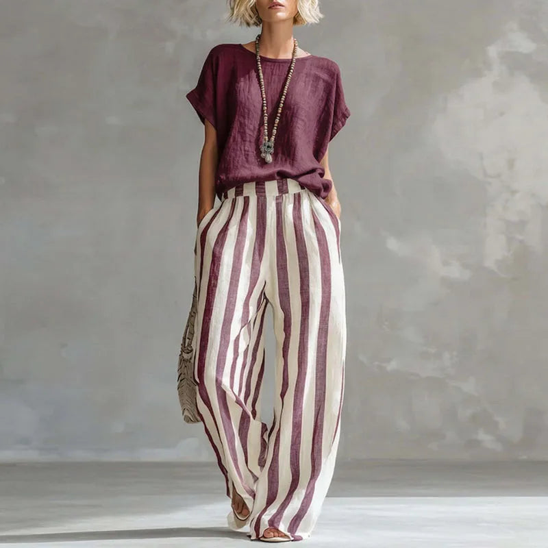 Rosalie | Short Sleeve Crew Neck Top & Striped Wide Leg Trousers Set